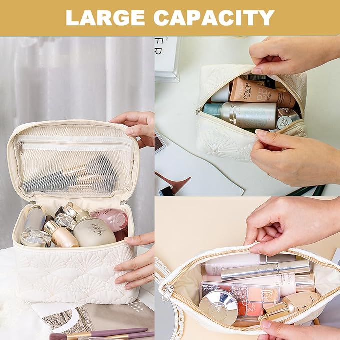 3 Pieces Quilted Cotton Makeup Bag,Large Capacity Cosmetic Organizer for Travel,Portable Cute Toiletry Pouch for Women,Makeup Artists,Organizing Enthusiasts,White Shell