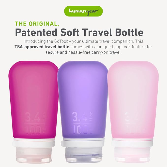 humangear GoToob+ Bottles - Silicone Leak-Proof Travel Tubes for Toiletries, Camping & TSA Carry-On (3-Pack), Large (3.4 fl oz; 100ml), Rose/Lilac/Magenta