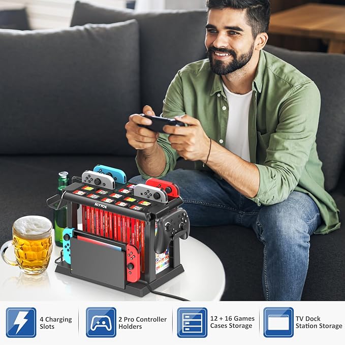Switch Organizer Station with Controller Charger, Charging Dock for Nintendo Switch & OLED Joycons, Storage for Games, TV Dock, Pro Controller