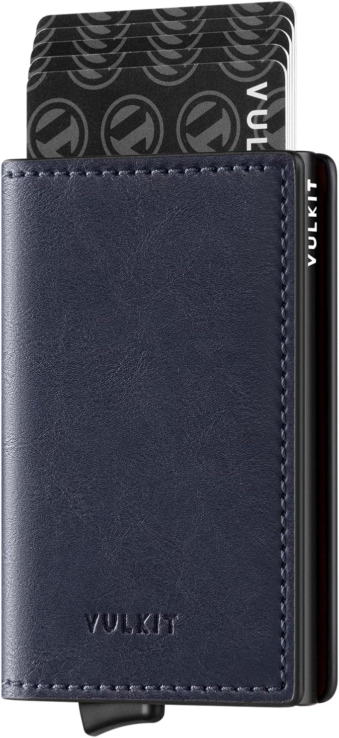 VULKIT Credit Card Holder RFID Blocking Leather Automatic Pop Up Wallet Aluminum Pocket Business Card Case