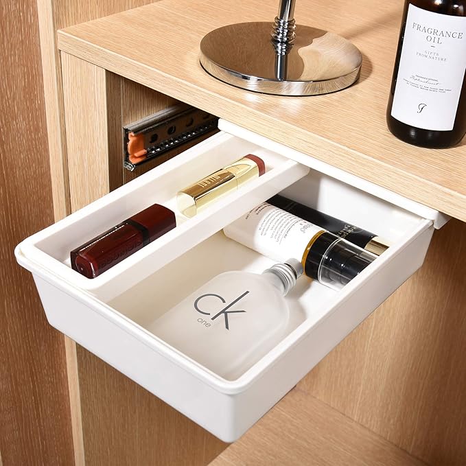 Under Desk Drawer, Self-Adhesive Storage for Office/Bedroom/School/Kitchen, Holds iPad/Phone/Pens/Pencils/Keys/Cutlery (Medium-White)