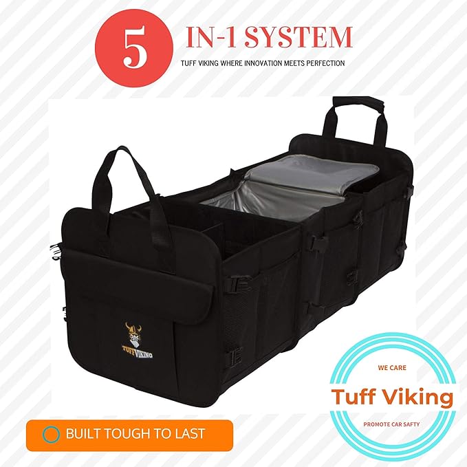 Tuff Viking Convertible Large 3 Compartment SUV Trunk Organizer with Cover | Truck Bed Organizer | for Trucks, Cars, SUVs and Groceries with Tie Down Straps. (5 in 1, Black)