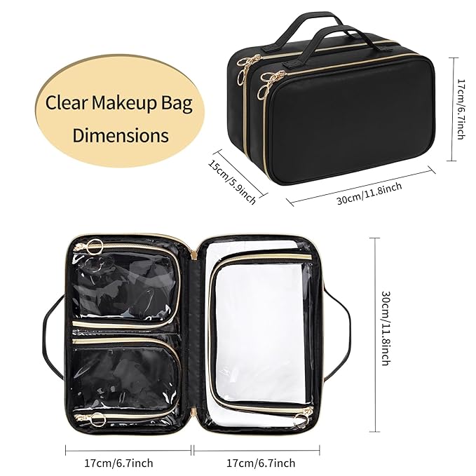 OCHEAL Travel Toiletry Bag, Double Layer Clear Makeup Bag Organizer Large Capacity Cosmetic Bag for Traveling Women Beauty Essentials, Multiple Compartments Makeup Case- Black