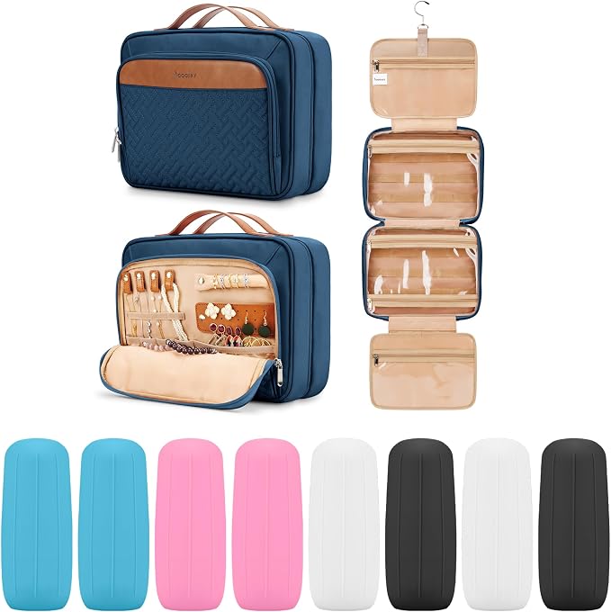 COOSKY Travel Hanging Toiletry Bag for Women, Large Makeup Bag 8 Leak Proofing Silicone Bottle Covers, Waterproof Cosmetic Bag with Jewelry Organizer Compartment, Toiletries Kit Set, Navy Blue