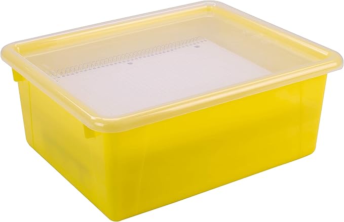 Storex Letter Size Deep Storage Tray – Organizer Bin with Non-Snap Lid for Classroom, Office and Home, Yellow, 5-Pack (62546A05C)
