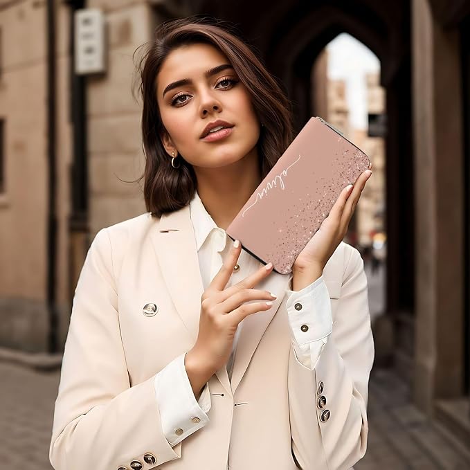 Blush Pink Rose Gold Glitter Wallet for Men Women Elegant Long Clutch Zip Around Travel Leather Coin Purse Large Capacity Credit Card Holder Handbag