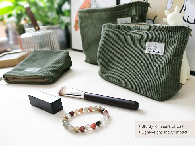 HAPPYHEIDI Corduroy Makeup Bag Set 3 Cosmetic Toiletry Travel Pouch Organizer for Purse Tote, Women Girls Gift, Large Medium Small, Solid Sage Green