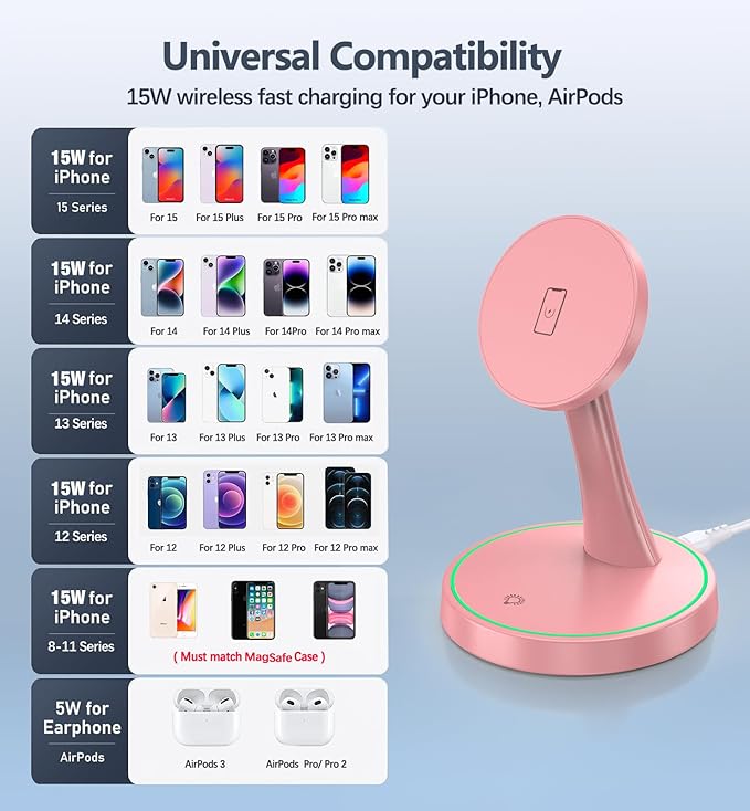 Magnetic Wireless Charger Stand 15W Fast Mag-Safe Charger for iPhone 17 /17 pro/ 17 Air/ 17 pro max 16/15/14/13/12 Series Magnet Wireless Charging Station/Pad with Sleep-Friendly Light for AirPods