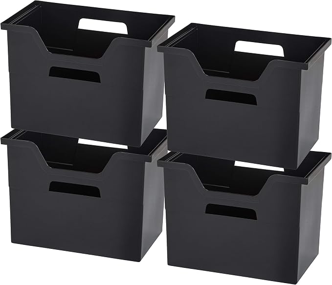 IRIS USA Large Portable Desktop File Box with Open Lid, 4 Pack, Side Handles, Hanging File Folders, Tabs & Inserts, Letter Size, Magazines, Newspapers, Mail, Books, Notebooks, Black