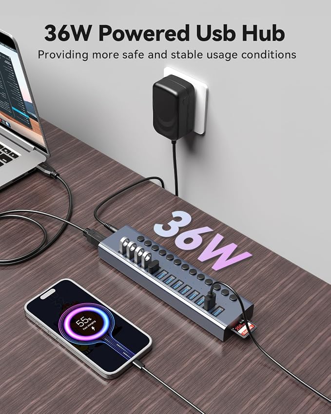 Powered USB 3.0 Hub, Wenter 13 Ports Powered USB Hub with SD/TF Card Reader, Aluminum USB Splitter with Individual On/Off Switches, 12V/3A 36W Power Adapter for PC/Laptops
