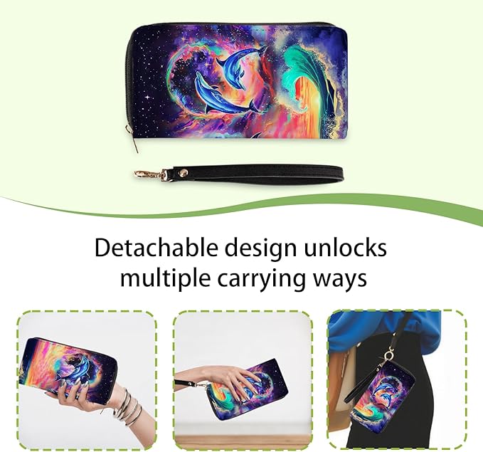 Ocean Lovers Gift Womens Wallet - Small Slim PU Leather Wallet for Women with Zipper Coin Purse, Credit Card Holder Travel Wallets, Wristlet Wallets for Female Teen Boys Girls (Dolphin Themed Present)