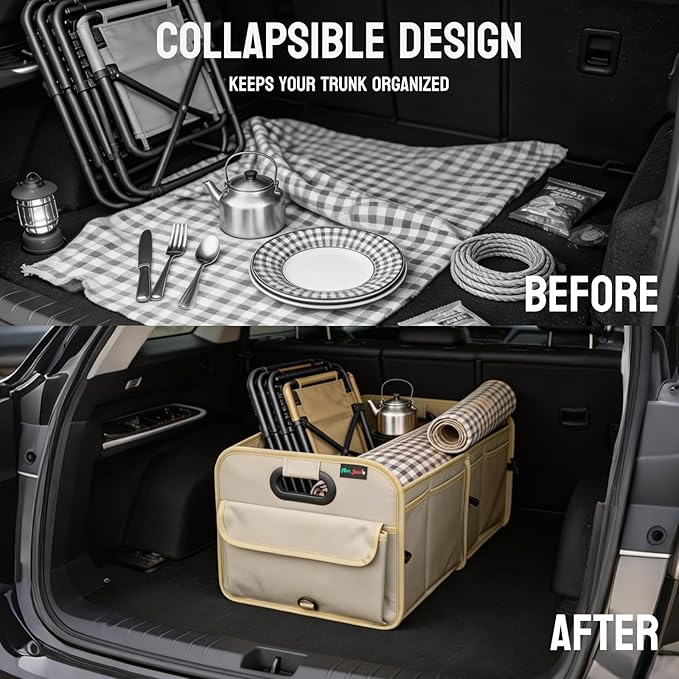 PAT SAM'S Trunk Organizer for SUV, Foldable Car Storage Organizer with Dividers, Waterproof Oxford, Collapsible Car Storage Box with Pockets for Grocery, Tools, Travel (Beige)
