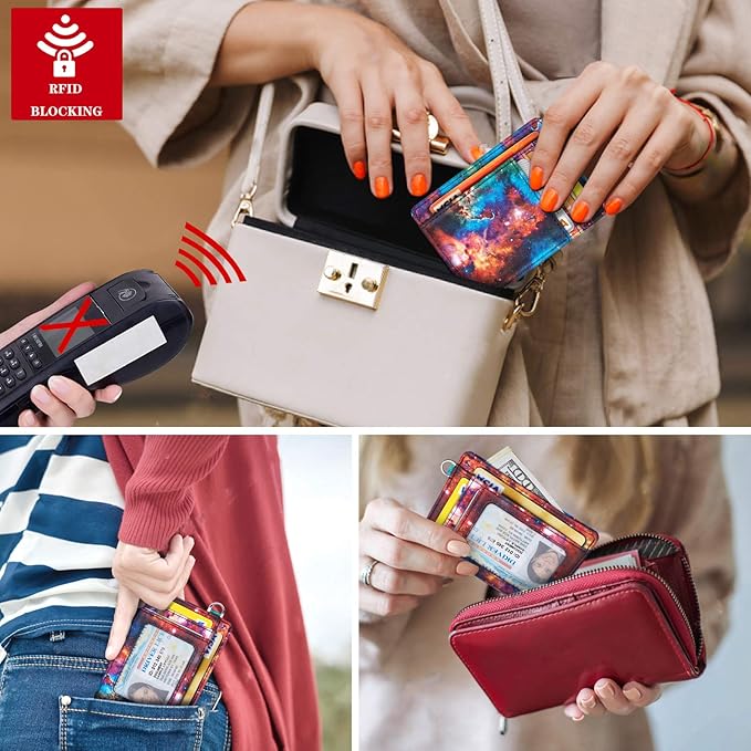 Coco Rossi Slim Front Pocket Wallet RFID Blocking Minimalist Credit Card Holder Wallet with D-Shackle for Women,Nebula