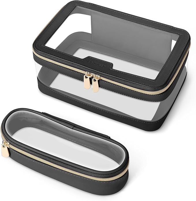 Soimeat Travel Clear Makeup Bag with Makeup Brush Bag, Leather Makeup Case Toiletry Bag, Portable Cosmetic Bag Case, Transparent Waterproof Cosmetic Organizer Storage Bag for Women, Medium, Black