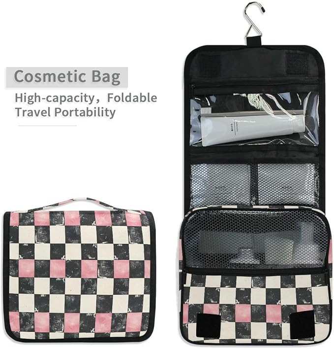 Hanging Travel Toiletry Bag White Black Pink Plaid Kit Makeup Case Cosmetics Organizer for Men Women