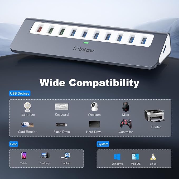 Powered USB Hub 10Gbps, 10 Port USB 3.2 Gen 2 Hub with 7 USB 3.2 Data Ports, 3 Fast Charging Ports, 36W Power Adapter, Type A and Type C Cable, Aluminum USB Data Hub for Mac, PC, Laptop