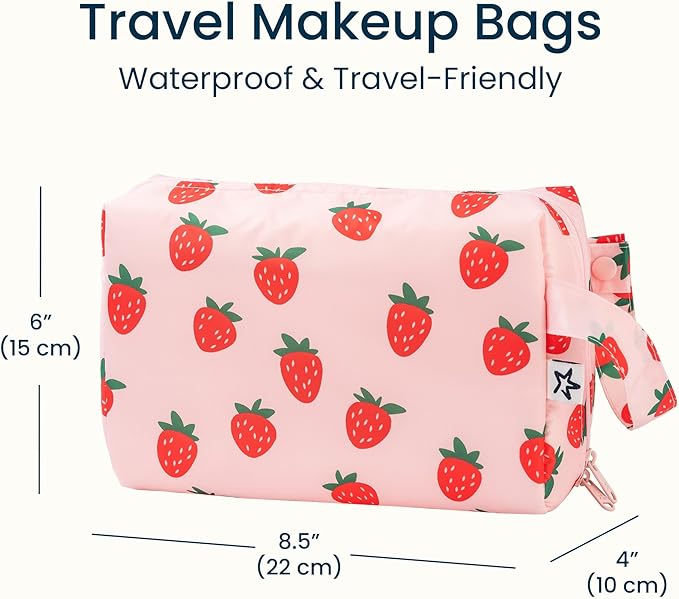 Tiny Twinkle Waterproof Travel Toiletry & Makeup Bag Organizer | Makeup Pouch with Multiple Compartments & Snap Handle for Travel | Gift for Teen Girls and Women (Strawberries)