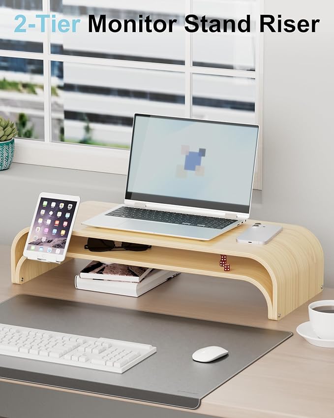 Bent Wood Monitor Stand Riser, Solid Wood Dual Monitor Riser with Storage, 2-Tier Natural Wood Desk Shelf Organizer for Computer, Laptop & Printer, No Assembly, Max Load 110lbs