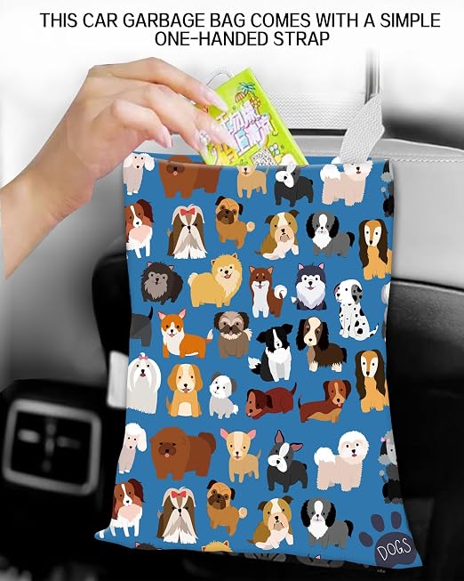 Car Garbage Can, Car Trash Bag, Car Garbage Bag, Hanging Car Trash Can for Car Accessories, Vehicle, Travelling, Camping, Cute Car Back Seat Organizer, Cute Blue Dogs