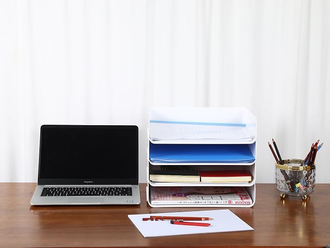 4 Tiers Stackable A4 Paper Trays, Office Desk File Holder, Tidy File Document Letter Book Paper Organizer (4 Tiers,White)