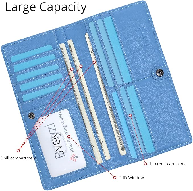 Bveyzi Ultra Slim Thin Leather RFID Blocking Credit Card Holder Bifold Clutch Wallets for Women