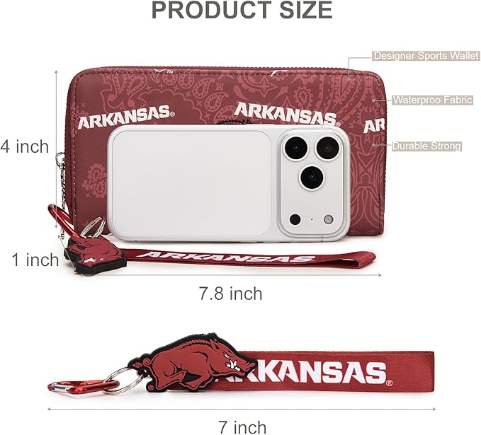 Arkansas Razorbacks Official Wristlet Wallet with RFID Blocking Card Slot, Arkansas Team Logo Clutch Purse, Mini Clutch Wallet for Fan Gift, Game Day, Concert | Red, NC-AFU011BDY