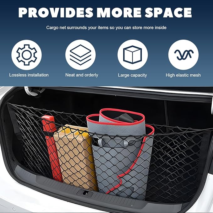 Stretchable Cargo Net, Adjustable Elastic Storage Mesh Nets, Envelope Style Cargo Netting with Mounting Screws and Hooks, Trunk Rear Cargo Organizer Net for Car Truck SUV (35.4×15.7 Inch)