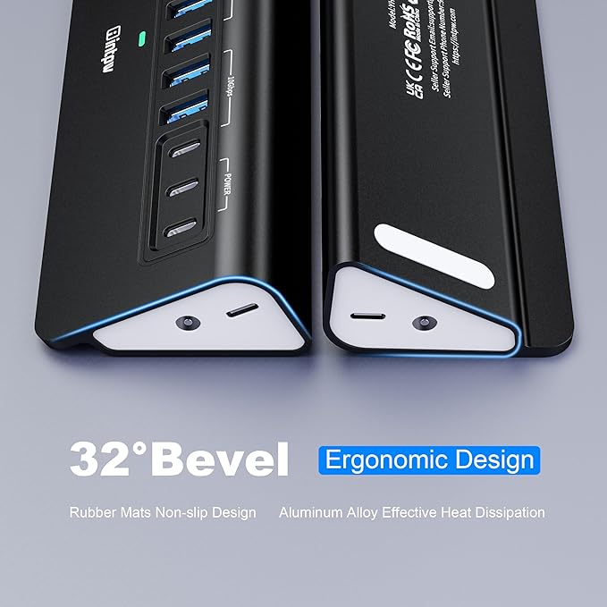 Powered USB Hub 10Gbps, intpw YH9AC 12-Port USB C Hub with 10Gbps USB C 3.2, 2 USB A 3.2, 7 USB 3.0, 2 PD 45W Charging Port, 65W Power Adapter + 3.3FT Cable, Aluminum USB Hub for Laptop/iPhone16/15/PC