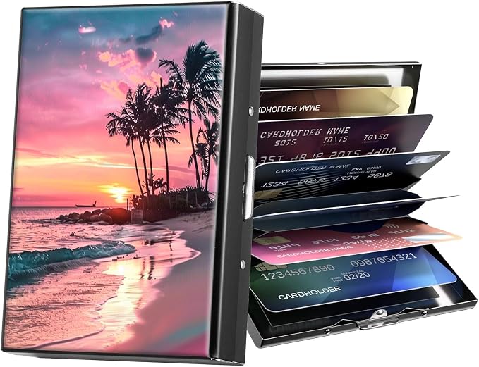 Metal Wallet,Credit Card Holder for Women Men,RFID Blocking Card Holder Wallet Mini Slim Aluminum Wallet ID Case Hard Card Case Business Card Holder Case,Pink Sunset Sea Beach