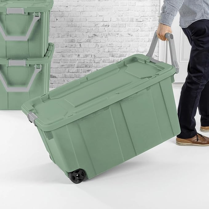 40 Gallon Plastic Storage Box, Wheeled Industrial Tote, Pack of 2
