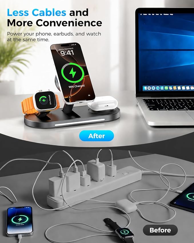 25W Foldable 3 in 1 Charging Station for Apple,Magsafe Charger Qi2.2 Certified Magnetic Wireless Charger Station for iPhone 17 16 15 14 Pro Max,Apple Watch,Airpods,Black (Adapter Included)