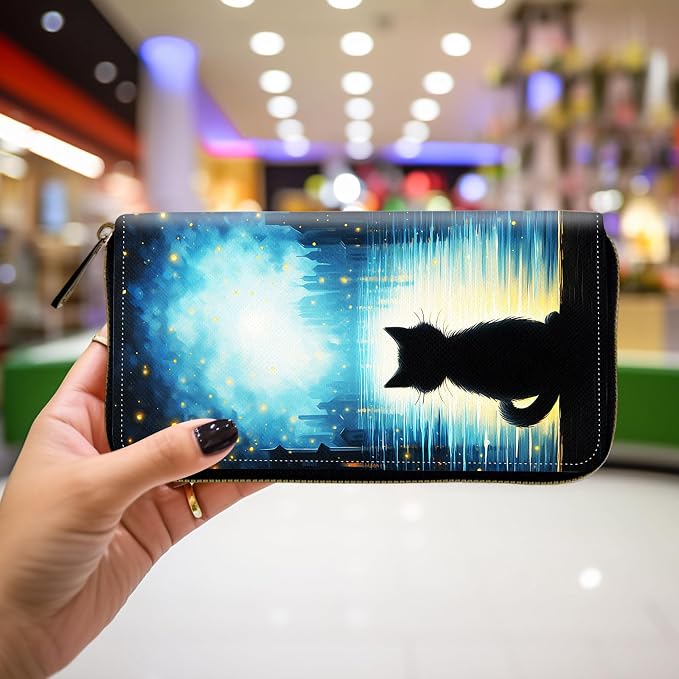 Wallet,Leather Long Wallet Suitable For Ladies And Teenagers - Detachable Wristband + RFID Travel Wallet With Card Slot - Black Cat