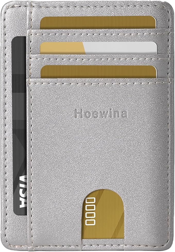 Hoewina Slim Wallet for Men, Credit Card Holder Wallet, Minimalist Design - RFID Blocking Front Pocket Leather Thin Wallet for Men and Women(Sand Silver)