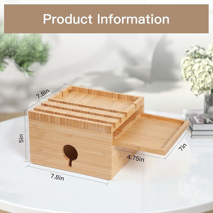 Bamboo Charging Station Organizer, No USB Charger and Cables | Nightstand Docking Station with Small Tray, Desktop Wood Charger Organizer, Compatible with Cell Phone, Tablet, Earphones