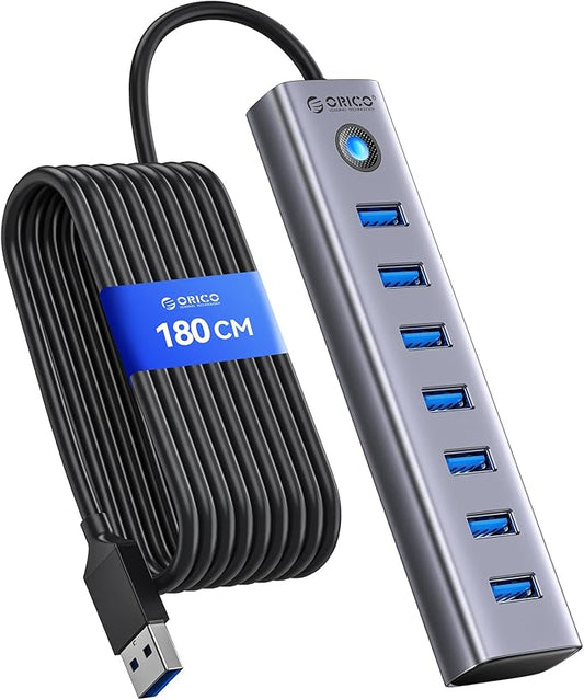 ORICO 7-Port USB 3.0 Hub, Aluminum USB Multiple Adapter, 5Gbps USB Extender USB Splitter with 6Ft Cable, UBS-A Hub Long Cable for Desktop, PC, Flash Drive, Mobile HDD, Windows/XPS