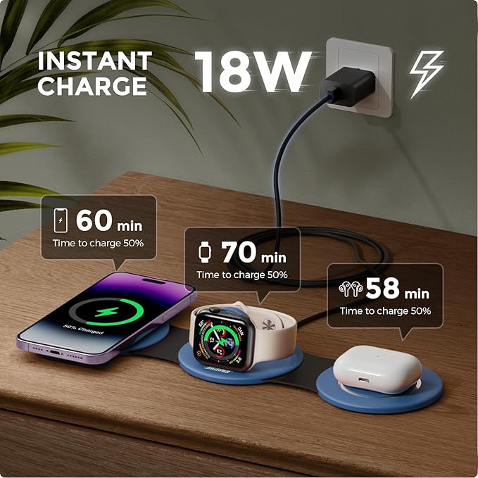 Hicober 3 in 1 Charging Station for Apple Multiple Devices, Foldable Travel Wireless Charger 18W for iPhone Air 17 16 15 14 13 Pro Max Plus &Apple Watch Series/Airpods Light Blue