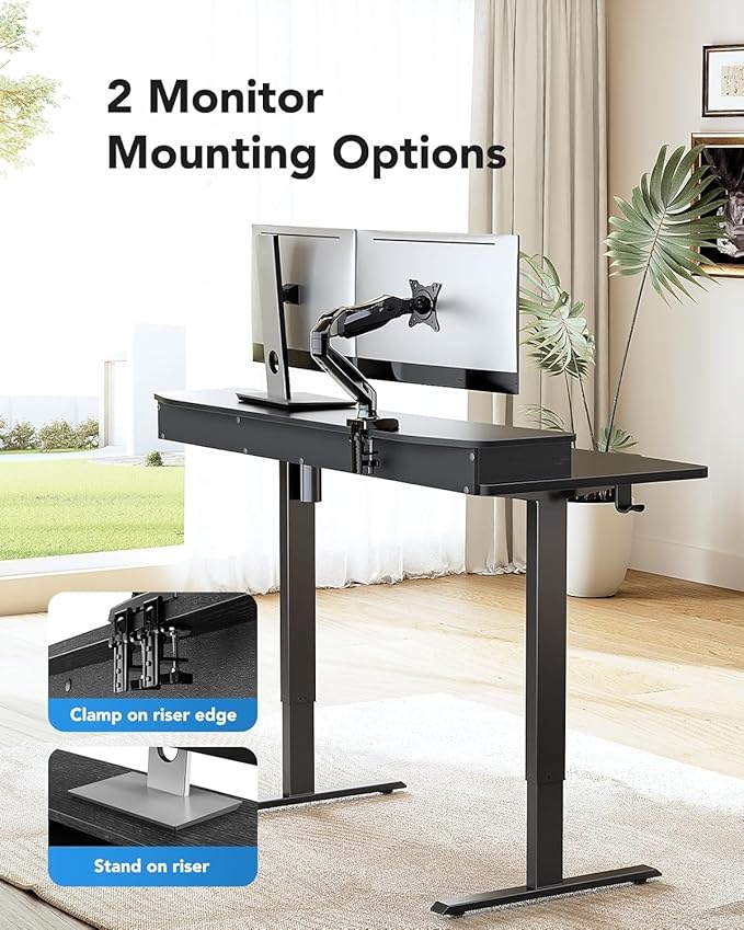 HUANUO 55" x 26" Electric Standing Desk with 2 Drawers & 26.7" Large Keyboard Tray, C-Clamp Mount Compatible, Adjustable Computer Desk for Home Office, Stand Up Desk with 4 Height Presets, Black