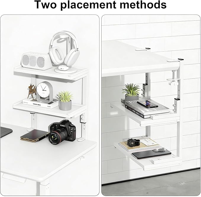 2-Tier Desk Shelf, Expandable Under Desk Storage, Clamp on Desk Shelf, Desktop Accessories for Offices, Study Rooms, and Game Rooms (White)