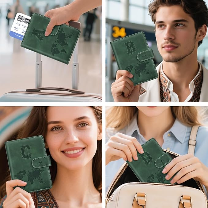 Personalized B Passport Holder Cover Initial Letter Travel Wallet RFID Blocking Passport Cover Credit Card Holder Case Passport Book Holders for Women and Men, Pine Green-B