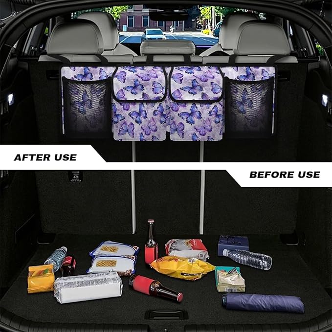 Purple Butterfly Car Trunk Organizer with Lid Backseat Hanging Storage Bag Waterproof Collapsible Cargo Bag Auto Organizer for SUV, Truck, Van