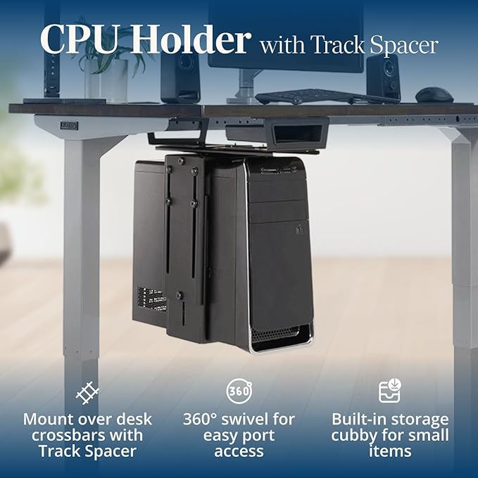 UPLIFTDESK Under Desk PC Mount with Track Spacer ??Adjustable CPU Holder with 16" Slide-Out Track & 360° Swivel, 50 lb Capacity PC Holder, Fits Most Desktop Towers, Standing Desks with Crossbars