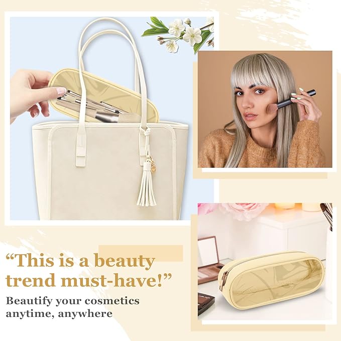 Nylon Small Clear Makeup Bag Slim Pencil Pouch, Cute Makeup Bag Preppy Cosmetic Zipper Pouch Pencil Case for Purse, Travel PVC Toiletry Bag Clutch Coin Pouch Makeup Brush Bag for Women Girls(Beige)