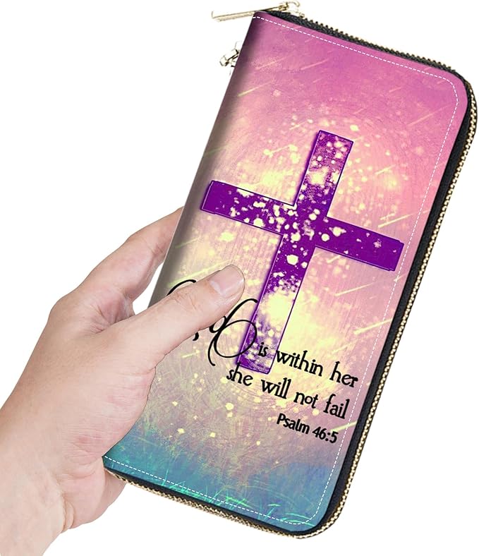 Women's Large Capacity Wallet,Portable PU Leather Zipper Wallet for Smart Phone/Card/Coin/Cash,Multifunctional Clutch Wallet with Removable Wristlet Strap,Christian Cross Quote Bible Verse Psalm 46:5