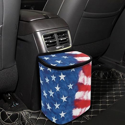 Talayituse American Flag Tie Dye Print Car Trash Bin, Large Size Auto Trash Can Adjustable Portable Garbage Can with Lid, Vehicle Hanging Bag for Headrest Front Back Seat
