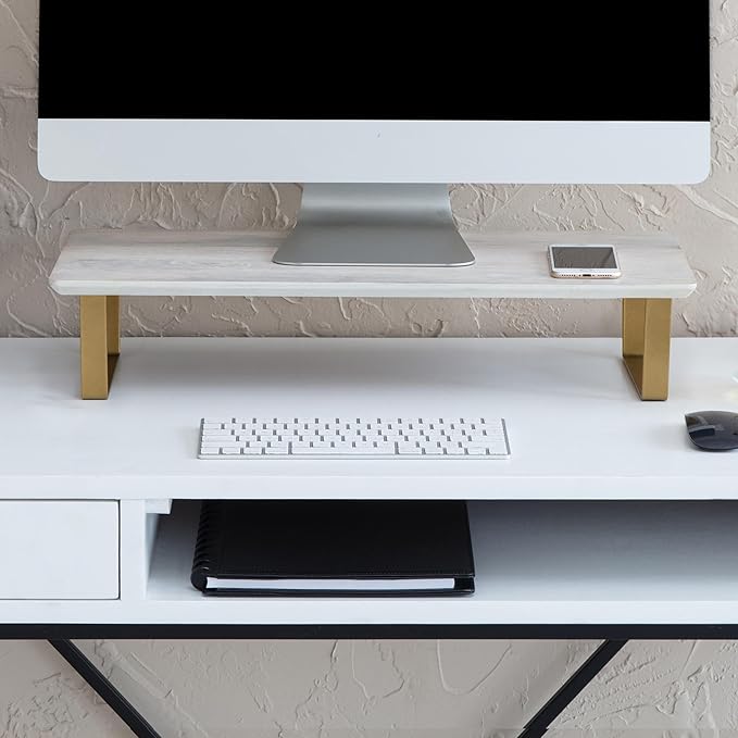 Anji Mountain Monitor Stand - Desktop Organizer & Laptop Riser, Ergonomic Monitor Riser, Space-Saving Monitor Stand for Desk, Durable Construction, Easy Assembly, Ideal for Home & Office,White Wash