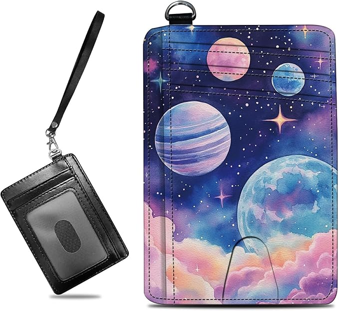Small Travel Wallets, Pink Starry Planets Slim Minimalist Front Pocket Wallet with Wristlet, RFID Blocking PU Leather Credit Card Holder with ID Window Change Purse for Men Women