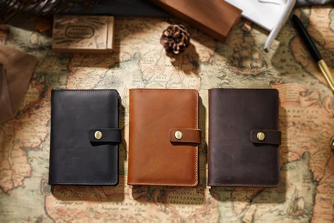 Genuine Full Grain Leather Passport Holder, Slim Bifold with Snap Button Closure, 5 Card Slots, Men's Travel Wallet (BLACK)