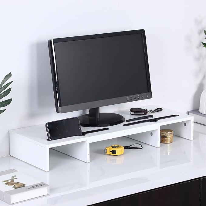 Relaxdays Monitor Stand, 2 Monitors, Extendable Segments, Width 74-105 cm, Ergonomic Screen Riser, White
