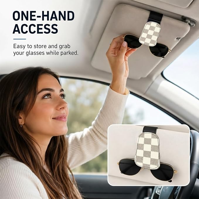 Leather Magnetic Sunglass Holder for Car Sun Visor, Cute Eyeglass Ticket Card Hanger Clip, Universal Auto Interior Accessories for SUV Pickup Truck, Beige Checkered