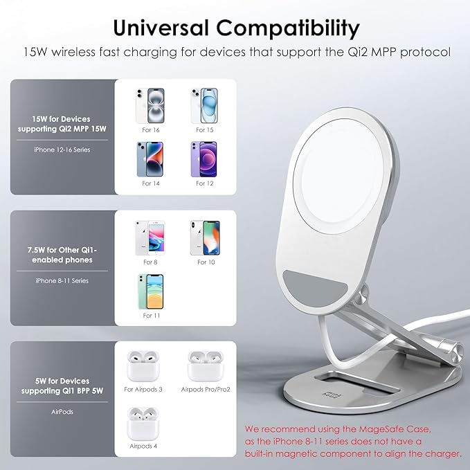 Minthouz Magnetic Wireless Charger for iPhone, 15W Fast Mag-Safe Charger Stand, Compatible with iPhone 16, 15, 14, 13, 12 Pro, AirPods Pro/4/3/2, Apple Magnet Wireless Charging Station